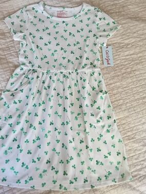 NWT Cat & Jack Girls White Green Clover Cotton Dress With Pockets Size 8 years